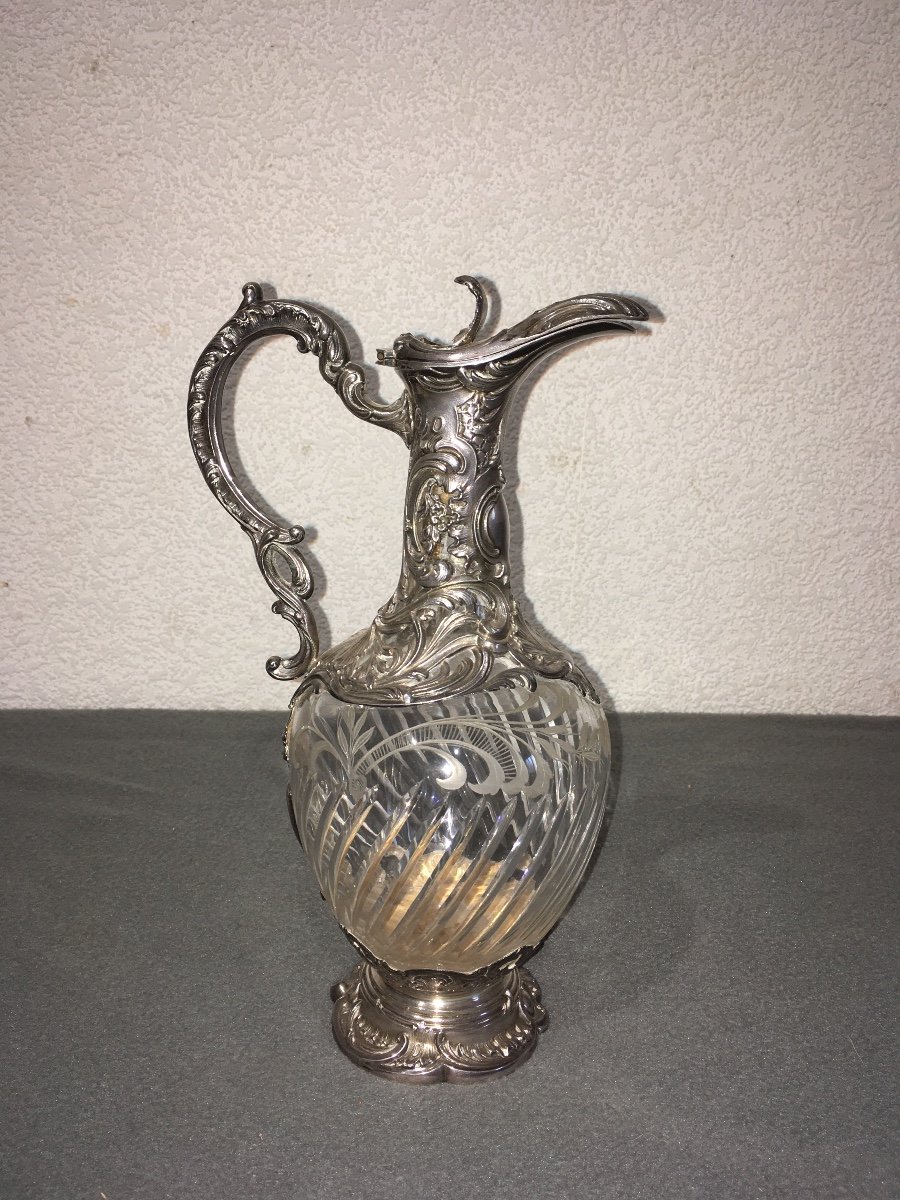 Large Ewer In Engraved Crystal And Silver-photo-3