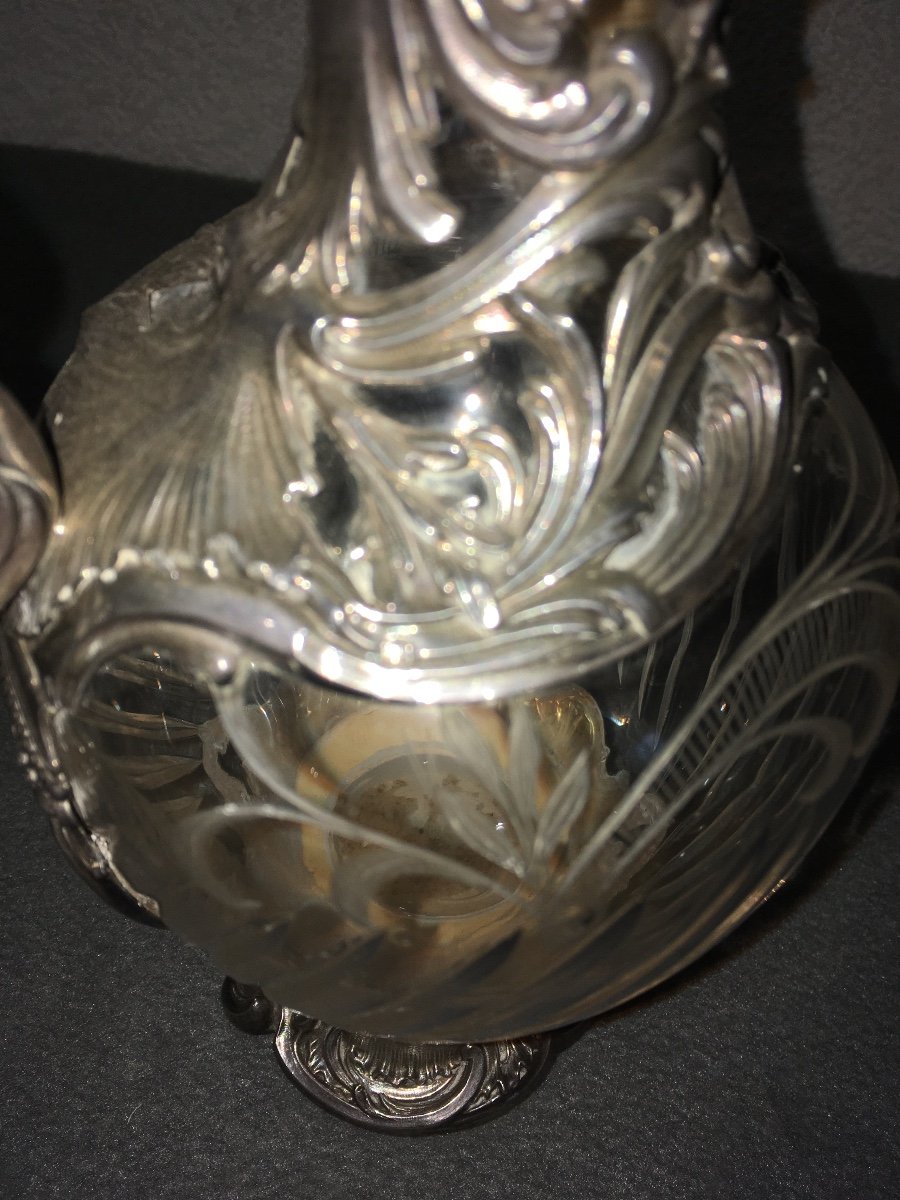 Large Ewer In Engraved Crystal And Silver-photo-4