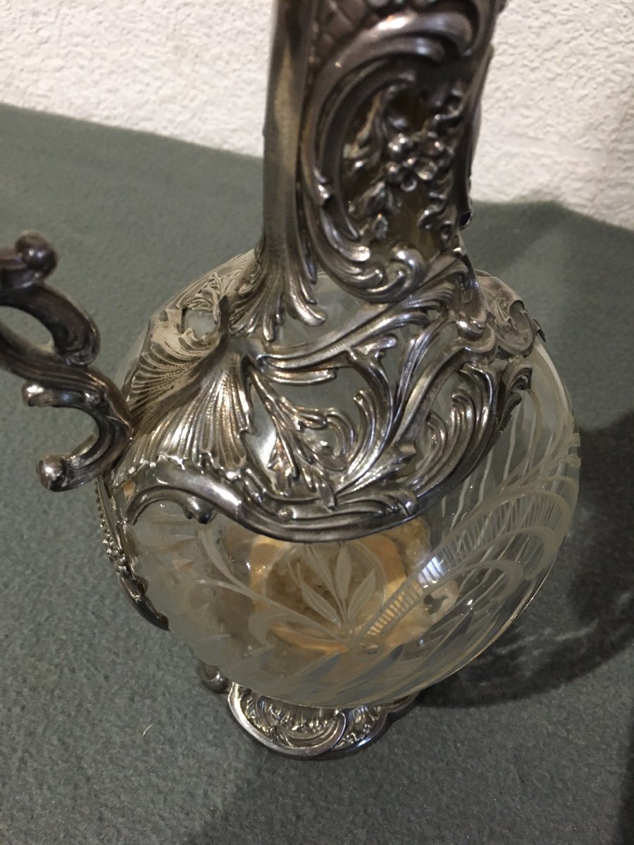 Large Ewer In Engraved Crystal And Silver-photo-6