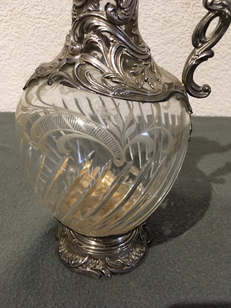 Large Ewer In Engraved Crystal And Silver-photo-7
