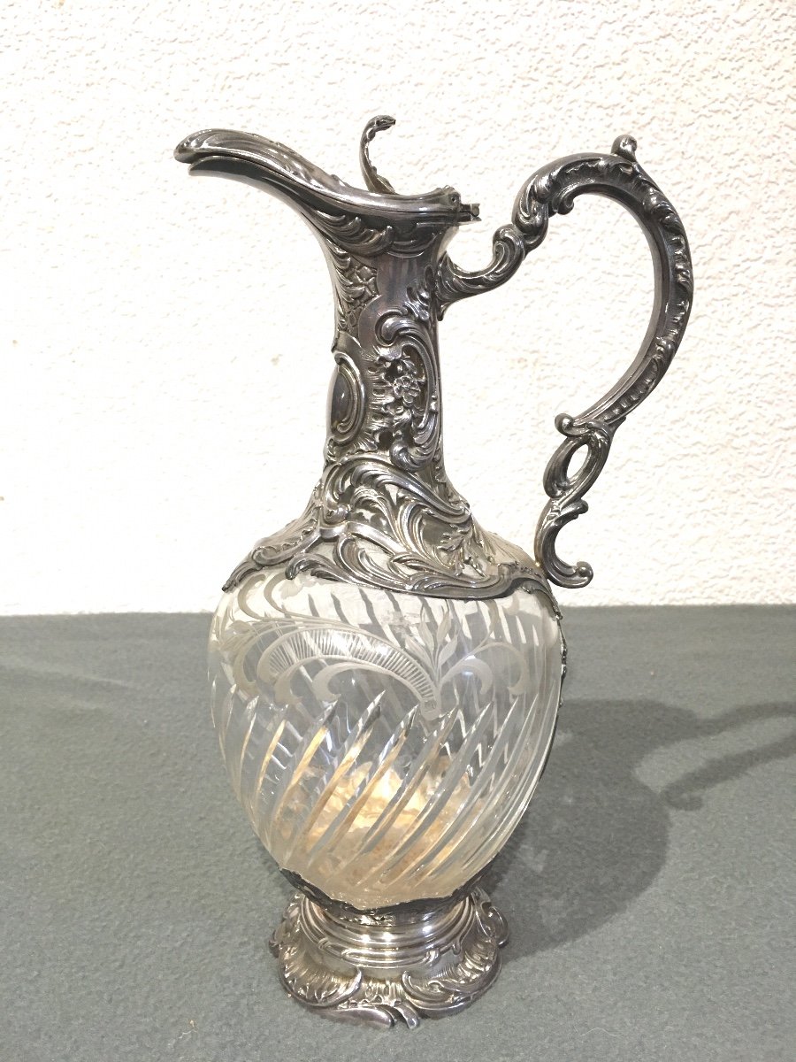 Large Ewer In Engraved Crystal And Silver