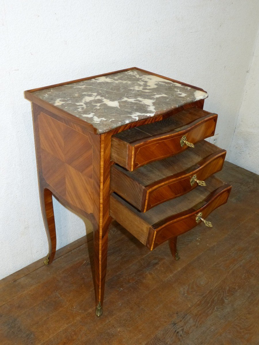 Petite Commode Chiffonnière  Epoque Louis XV En Marqueterie-photo-3