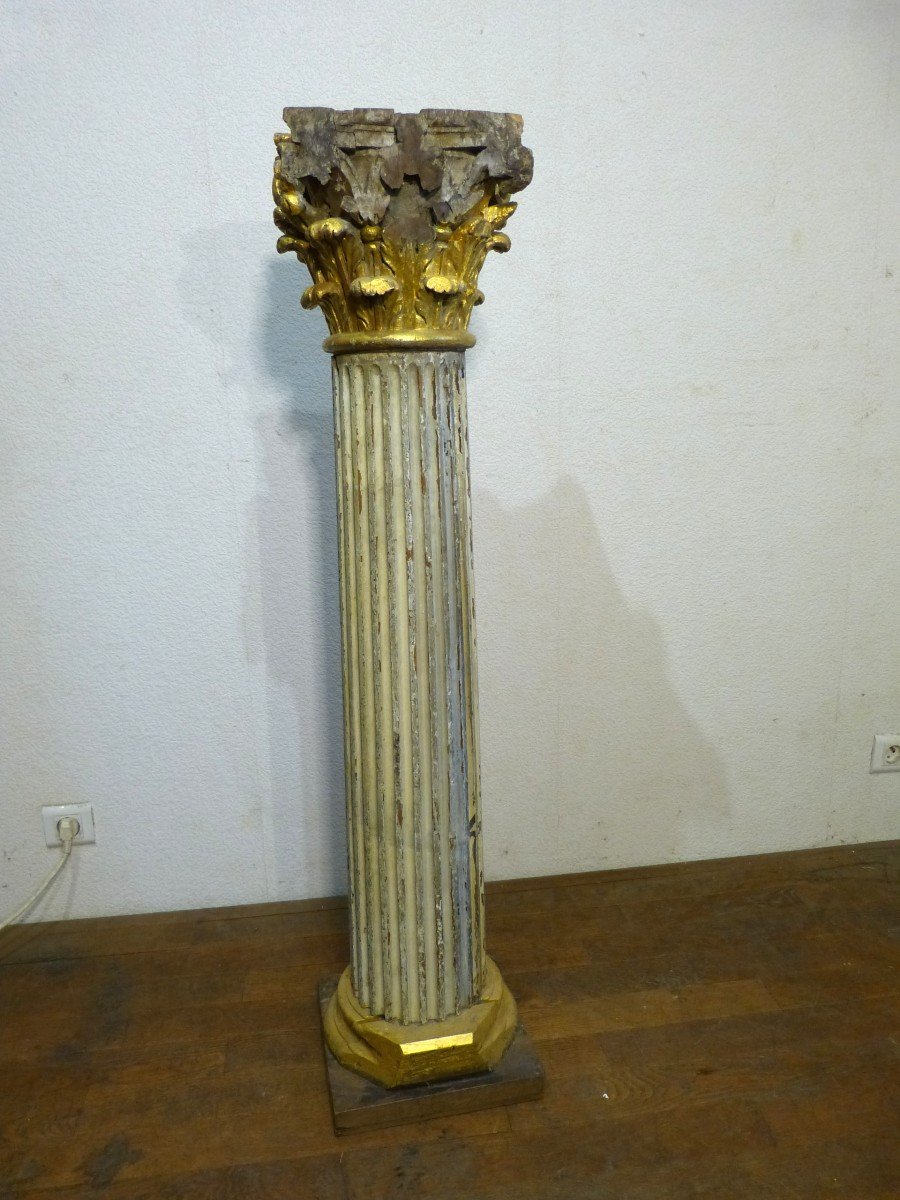 Colonne à Chapiteau En Bois Laqué Et Doré 18ème;  118 cm-photo-4