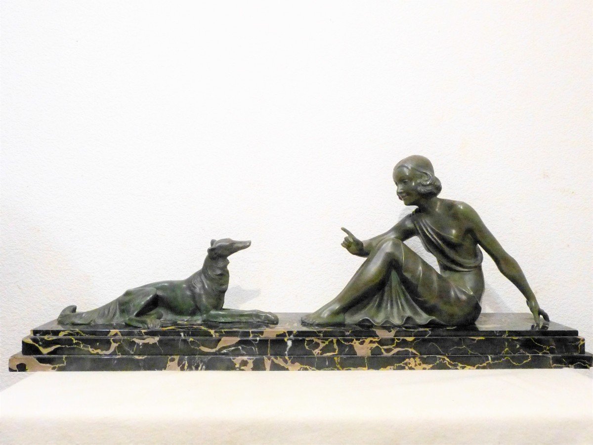 A. Godard Sculpture Art Déco Femme Au Lévrier Ed Reveyrolis 