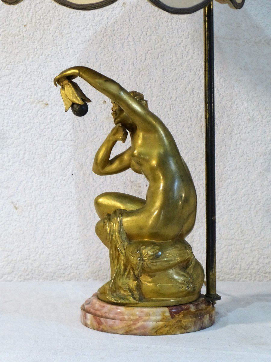 Lampe Art Nouveau En Bronze Doré Signée Labatut-photo-3