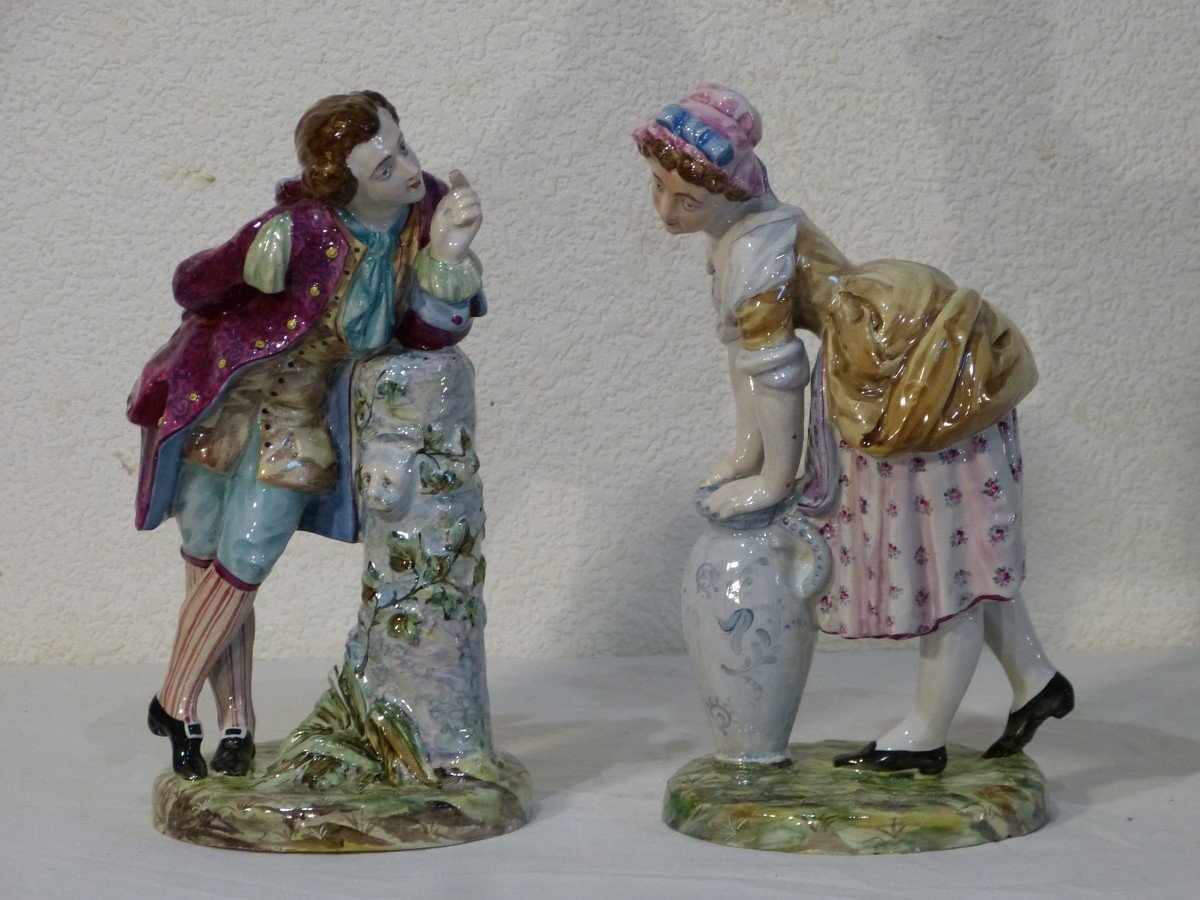 Saint Clément, Pair Of Earthenware Statuettes 25 Cm Romantic Couple