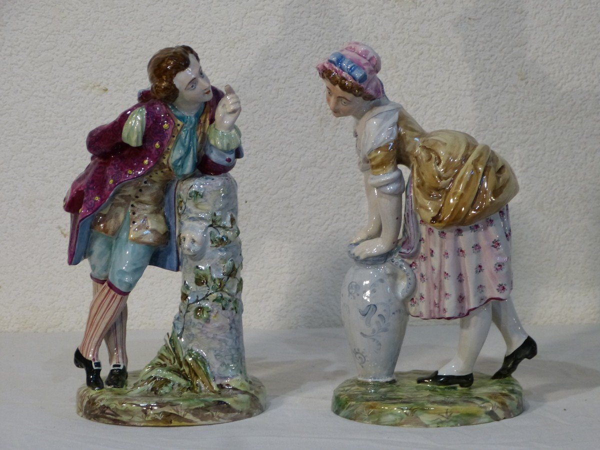 Saint Clément, Paire De Statuettes En Faïence 25 Cm Couple Romantique