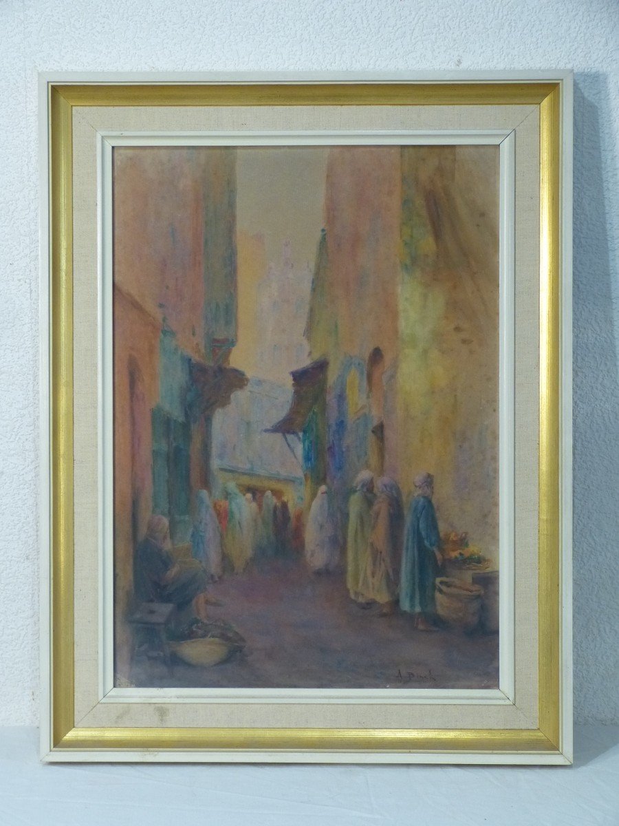 Alphonse Birck Watercolor Orientalist Market Scene-photo-2