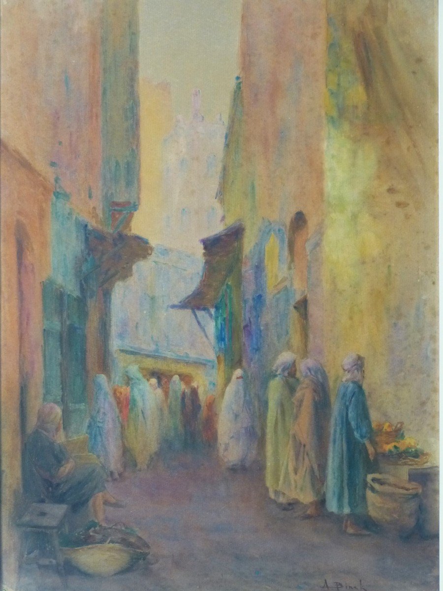 Alphonse Birck Watercolor Orientalist Market Scene
