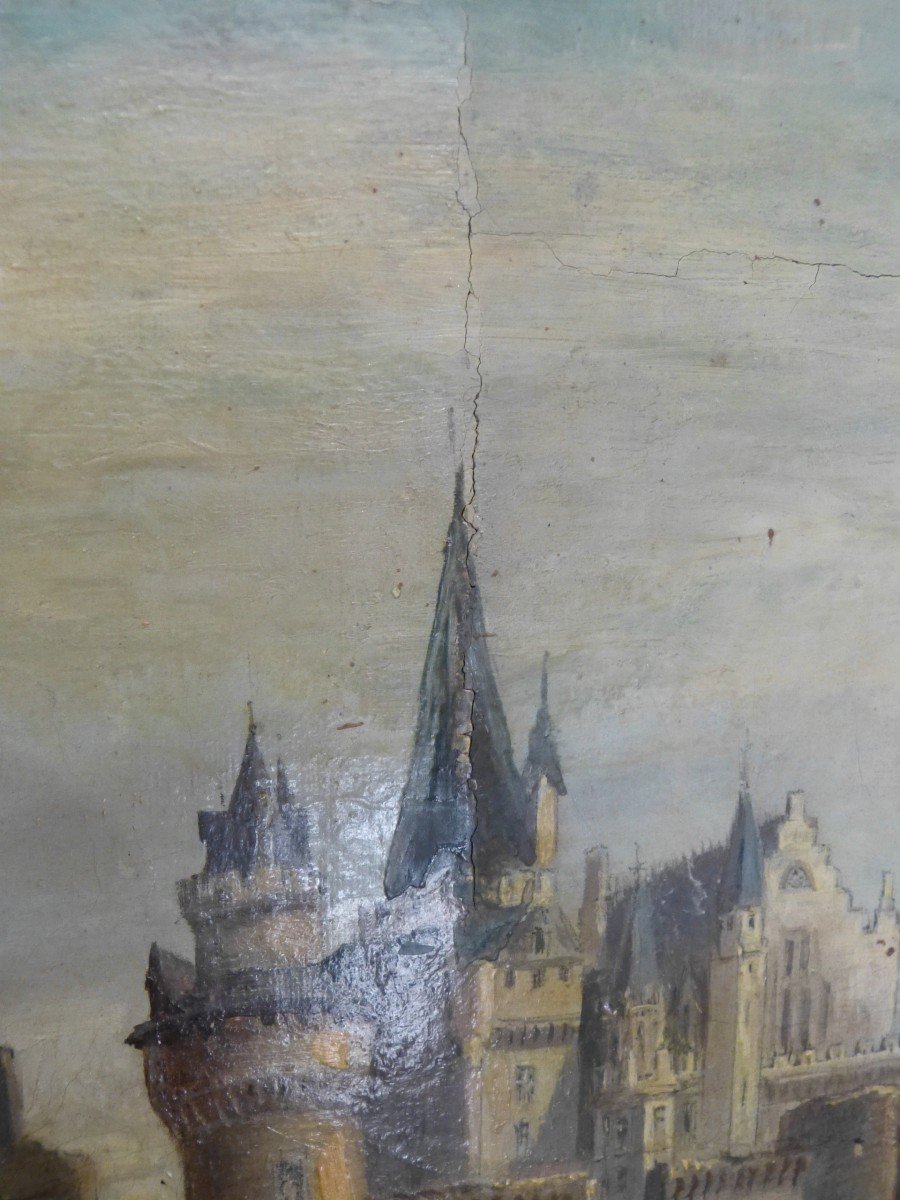 Painting 19th Landscape At The Castle 77 X 92 Cm-photo-8
