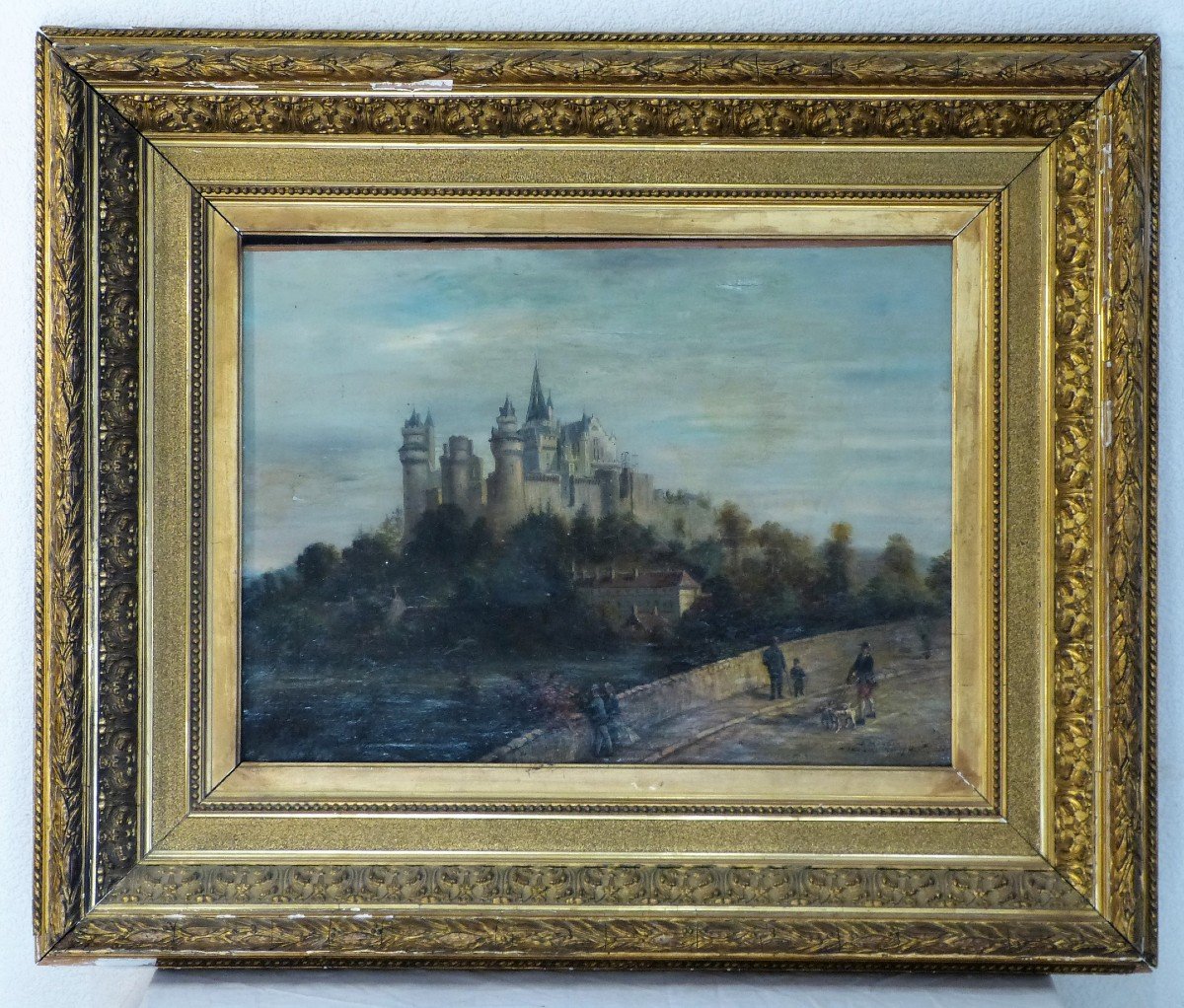 Tableau 19ème Paysage Au Château 77 X 92 Cm