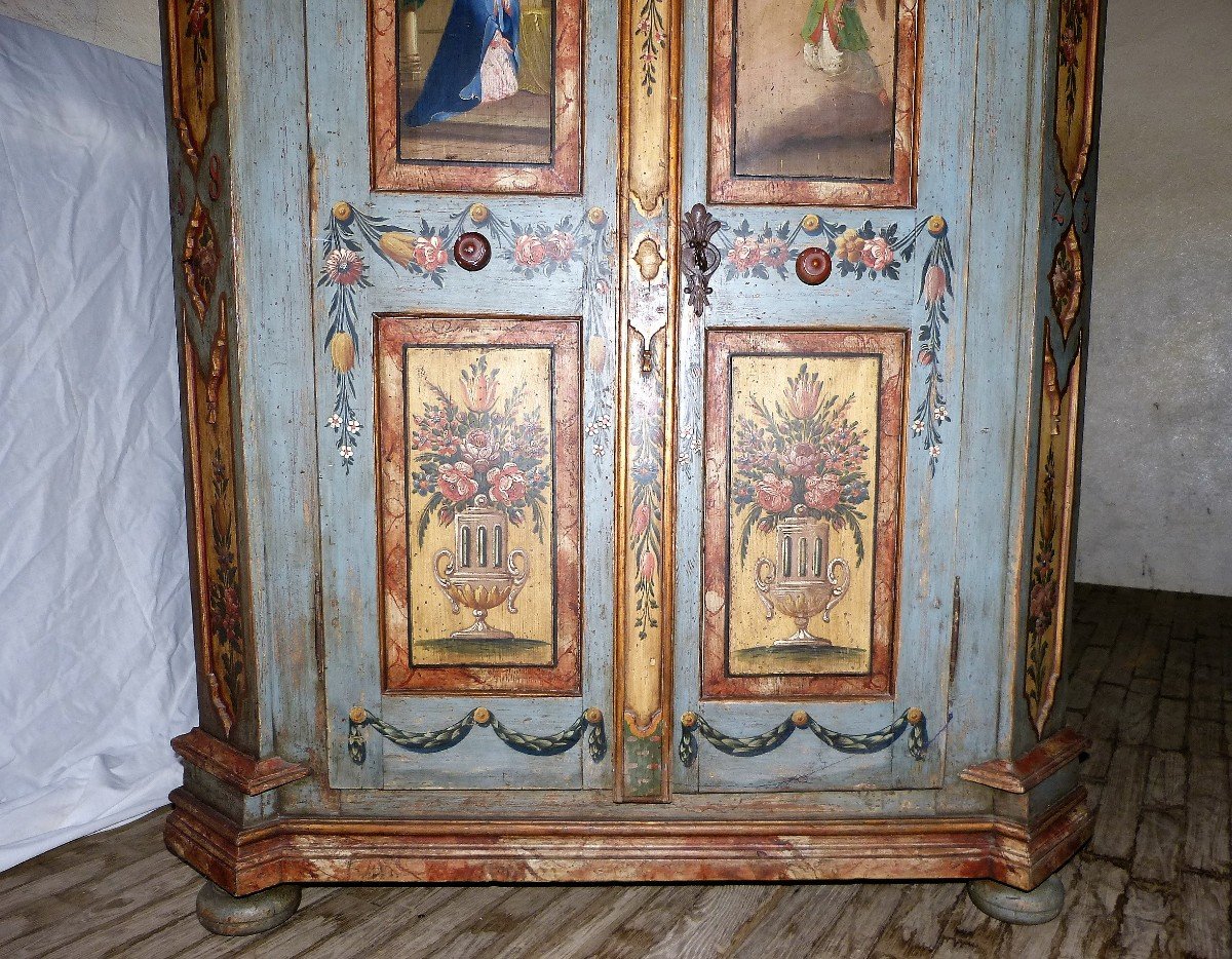 Petite Armoire Alsacienne De Mariage En Sapin Polychrome  H 194 Cm-photo-3