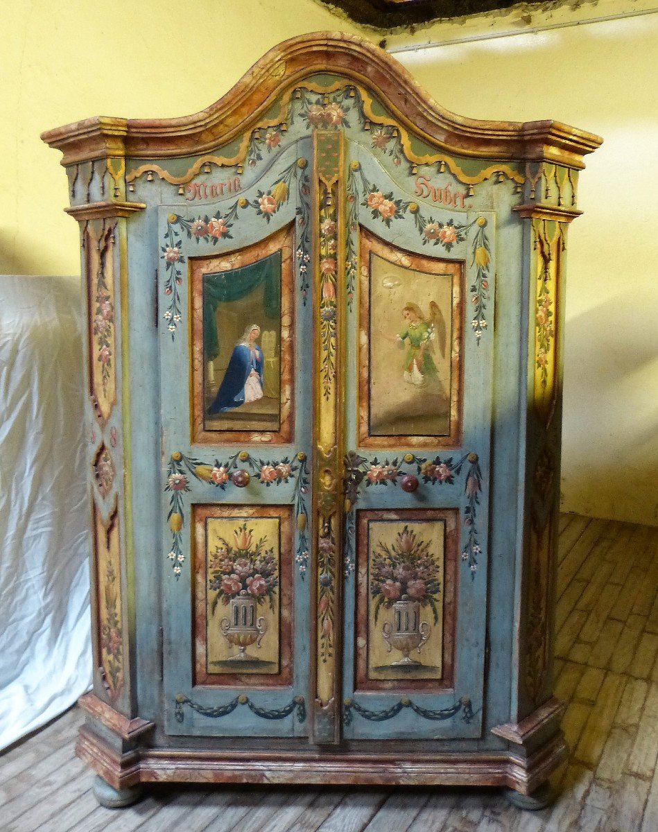 Petite Armoire Alsacienne De Mariage En Sapin Polychrome  H 194 Cm
