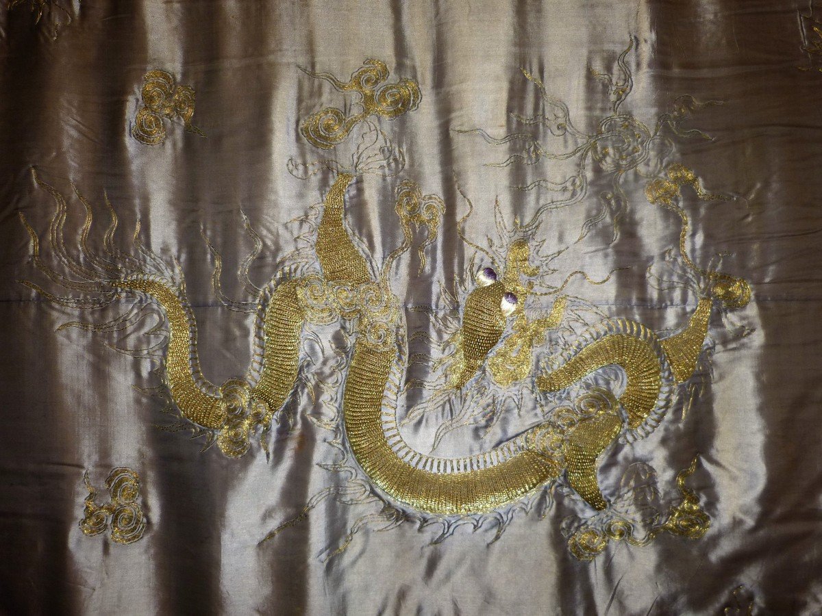 Grande Tenture Asiatique  En Soie Brodée Or Dragon 173 X 213 Cm Chine-photo-3