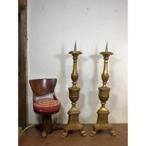 Pair Of Large Picnic Candlesticks In Golden Wood Early Nineteenth