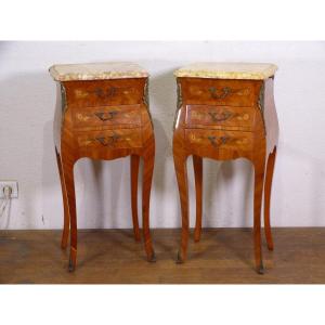Pair Of Bedside Tables Louis XV Rosewood Marquetry Flowers