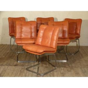 Series Of 6 Roche Bobois 70s Chairs In Leather And Brushed Aluminum