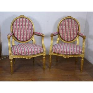 Pair Of Golden Wood Armchairs Louis XVI 19th