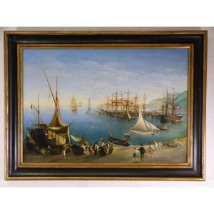 Large Marine Painting, View Of Mediterranean Port Boats At Dock 79 X 105 Cm