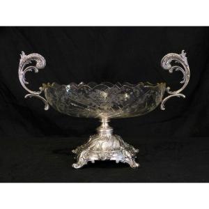 Coupe Cristal Gravé Et Argent Centre De Table Napoléon III