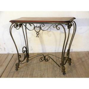 Small Rolling Trolley In Art Nouveau Iron Mahogany Top