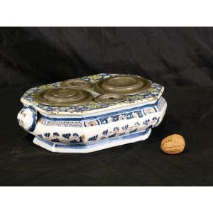 Rouen 18th, Inkwell In Earthenware Garnished With Pewter