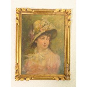 Portrait Impressioniste Style Renoir Monogrammé Jeune Fille Au Chapeau De Fleurs