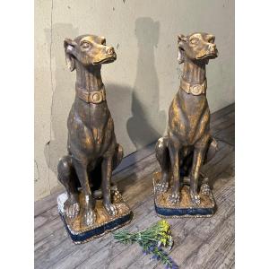 Pair Of Large Greyhounds In Polychrome Wood Italy 19th