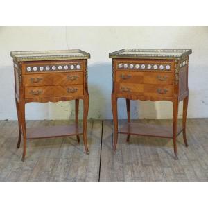 Paire De Bouts De Canapé Petites Commodes Chevets Desserte Bois De Rose Bronzes