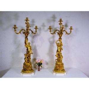 Large Pair Of Napoleon III Candelabra Gilt Bronze 90 Cm