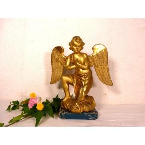 Angel In Golden Wood 19th Height 36 Cm