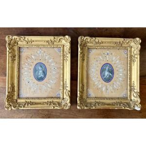 Pair Of Reliquaries With Engravings Jesus Mary Numerous Relics Golden Frames 19th