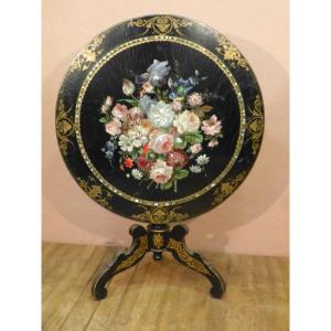 Napoleon III Tilting Pedestal Table Blackened Wood, Boiled Cardboard Mother-of-pearl Inlays Flowers Bird
