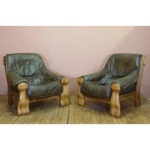Pair Of Vintage Brutalist 60s Leather And Oak Armchairs