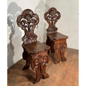 Pair Of Escabelle Chairs In Renaissance Walnut Italy 19th
