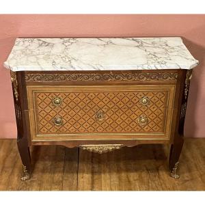 Transitional Commode In Napoleon III Marquetry Gilded Bronzes