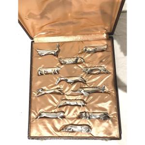 Marcel Sandoz And Gallia Series Of 12 Knife Holders In Silver Metal Christofle 