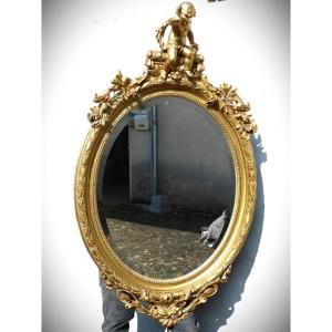 Grand Miroir doré Ovale Au Chérubin 138 Cm Napoléon III Biseauté