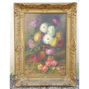 Large Painting Bouquet Of Flowers Dahlias And Roses Golden Frame