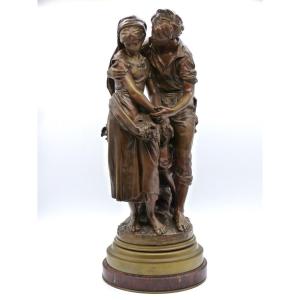 Mathurin Moreau Grand Bronze 69 Cm à Deux Personnages Socle Tornant Couple à La Gerbe De Blé