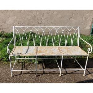 Rare Banc De Jardin En Fer Forgé Dossier Droit  19eme