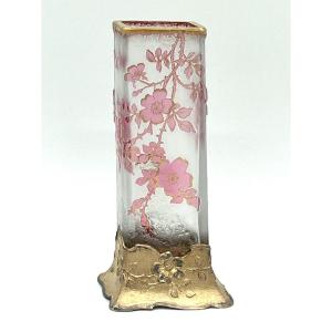 Daum Nancy Japanese Vase With Roses And Butterfly, Mounted Vermeil, Art Nouveau, Engraved Frosted Glass