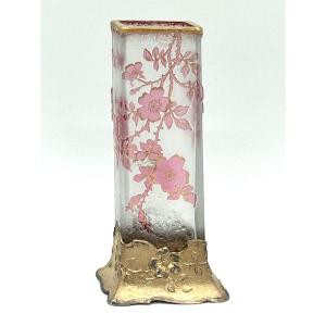 Daum Nancy Vase Japonisant Aux Roses Et Papillon, Monté Vermeil, Art Nouveau, Verre Givré Gravé