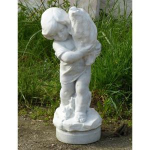 White Marble Statue 66 Cm Child With Conch Signed Pugi