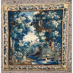 Large Aubusson Tapestry 18th Greenery With Duck In Wool And Silk 