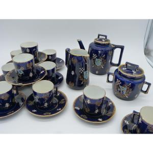 Luneville Earthenware Coffee Service Kg Arms Of Joan Of Arc Blue Coat Of Arms Of Sèvres 10 Cups