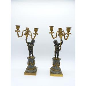 Paire De Candélabres d'époque Louis XVI En Bronze Et Bronze Doré Socles En Marbre Bleu Turquin