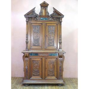 Renaissance Style Walnut Buffet With Red And Green Marble Inlays 19th