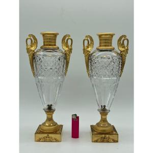 Paire De Vases Empire Cristal Et Bronze Doré 
