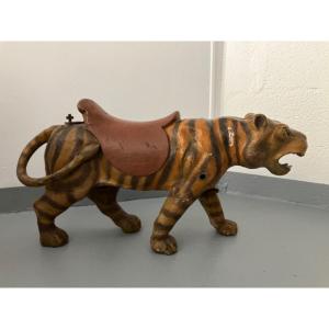 Tigre De Manège Ancien En Bois Polychrome Cheval 
